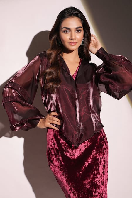 Buy_B'Infinite_Wine Organza, Velvet Open Neck, Rasin Solid Top Skirt Set _Online_at_Aza_Fashions