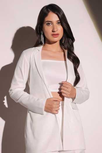 Shop B'Infinite White Shiny Lycra Woven Sequin Blazer Notched Lapel Pearl Shimmer Shorts Set Online at Aza Fashions Shop_B'Infinite_White Shiny Lycra Woven Sequin Blazer Notched Lapel Pearl Shimmer Shorts Set_Online_at_Aza_Fashions