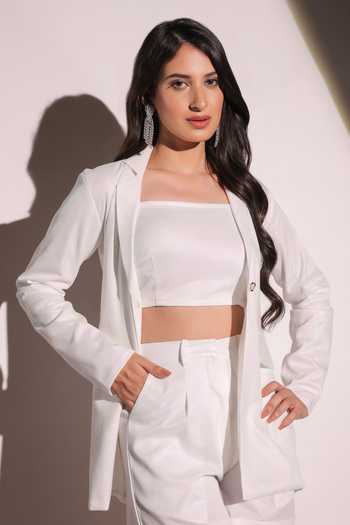 Buy B'Infinite White Shiny Lycra Woven Sequin Blazer Notched Lapel Pearl Shimmer Shorts Set Buy_B'Infinite_White Shiny Lycra Woven Sequin Blazer Notched Lapel Pearl Shimmer Shorts Set