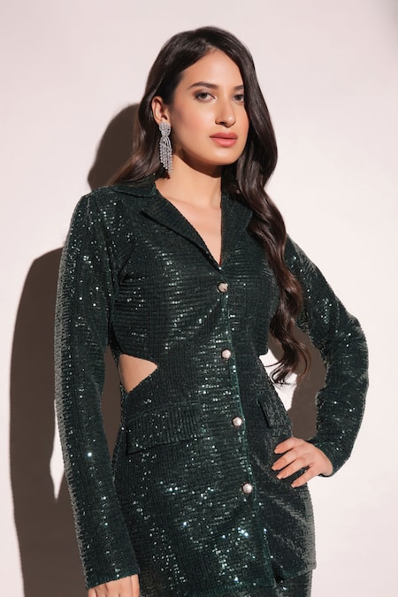 Shop_B'Infinite_Green Lycra Sequins Dazzling Blazer And Pant Set _Online_at_Aza_Fashions
