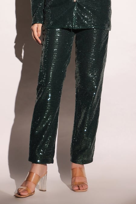 Shop_B'Infinite_Green Lycra Sequins Dazzling Blazer And Pant Set 