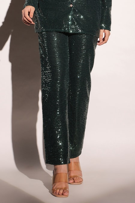 Shop_B'Infinite_Green Lycra Sequins Dazzling Tapered Trouser For Kids_Online_at_Aza_Fashions