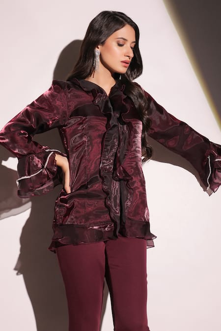 Buy_B'Infinite_Wine Organza V-neck Rasin Ruffled Top And Trouser Set _Online_at_Aza_Fashions