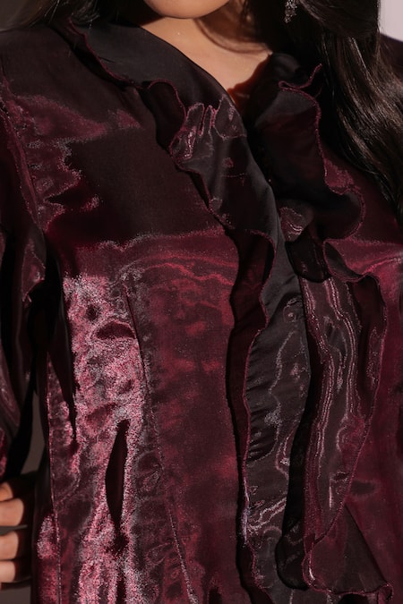B'Infinite_Wine Organza V-neck Rasin Ruffled Top And Trouser Set _at_Aza_Fashions