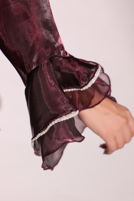 Buy_B'Infinite_Wine Organza V-neck Rasin Ruffled Top And Trouser Set 