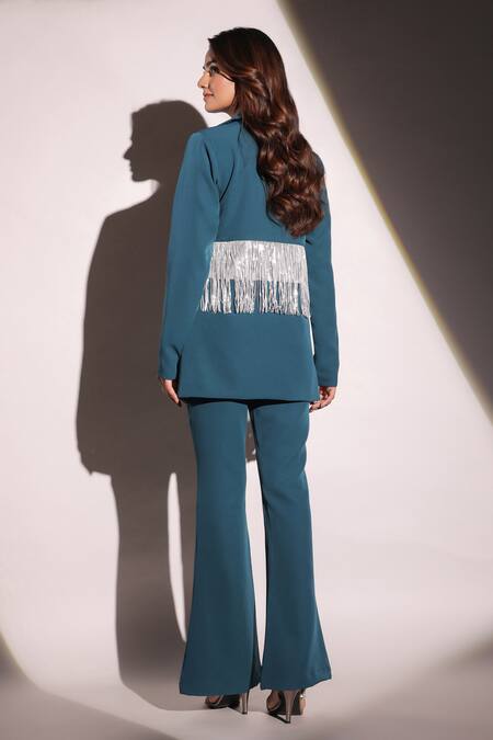 Shop B'Infinite Blue Crepe Embroidered Tassels Lapel Collar Lagoon Blazer And Trouser Set at Aza Fashions Shop_B'Infinite_Blue Crepe Embroidered Tassels Lapel Collar Lagoon Blazer And Trouser Set_at_Aza_Fashions
