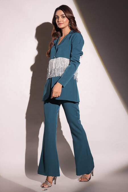 B'Infinite Blue Crepe Embroidered Tassels Lapel Collar Lagoon Blazer And Trouser Set Online at Aza Fashions B'Infinite_Blue Crepe Embroidered Tassels Lapel Collar Lagoon Blazer And Trouser Set_Online_at_Aza_Fashions