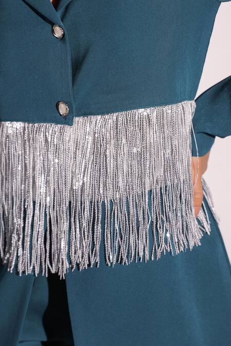 B'Infinite Blue Crepe Embroidered Tassels Lapel Collar Lagoon Blazer And Trouser Set at Aza Fashions B'Infinite_Blue Crepe Embroidered Tassels Lapel Collar Lagoon Blazer And Trouser Set_at_Aza_Fashions