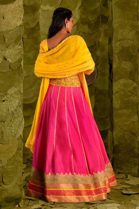 Shop_Latha Puttanna_Pink Karnataka Silk Hand Embroidered Aari Gold Akka Lehenga Blouse Set _at_Aza_Fashions