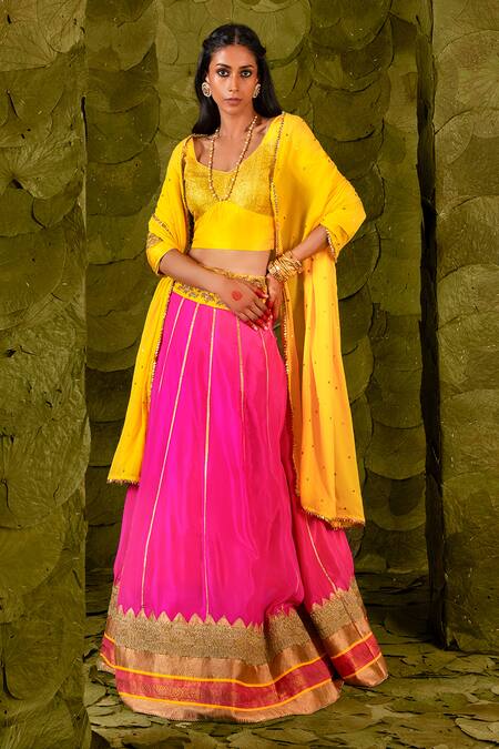 Latha Puttanna_Pink Karnataka Silk Hand Embroidered Aari Gold Akka Lehenga Blouse Set _Online_at_Aza_Fashions