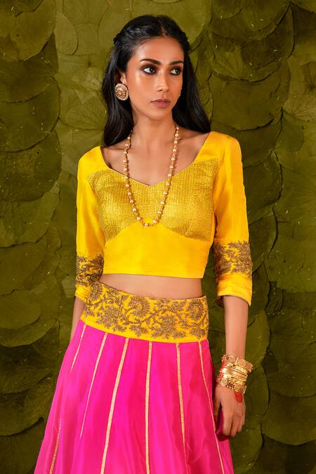 Buy_Latha Puttanna_Pink Karnataka Silk Hand Embroidered Aari Gold Akka Lehenga Blouse Set _Online_at_Aza_Fashions