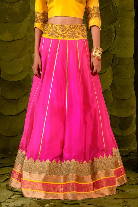 Shop_Latha Puttanna_Pink Karnataka Silk Hand Embroidered Aari Gold Akka Lehenga Blouse Set _Online_at_Aza_Fashions
