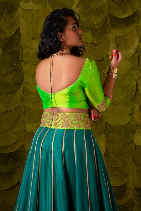 Shop_Latha Puttanna_Blue Karnataka Silk Hand Embroidered Aari Gold Scoop Akka Lehenga Set _at_Aza_Fashions