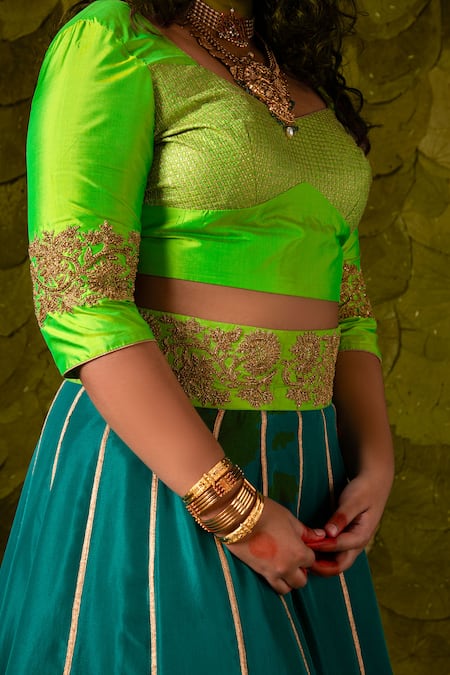 Latha Puttanna_Blue Karnataka Silk Hand Embroidered Aari Gold Scoop Akka Lehenga Set _Online_at_Aza_Fashions