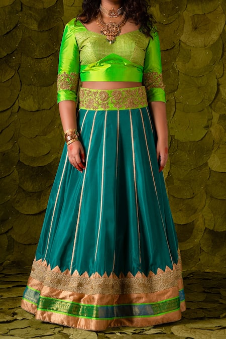Buy_Latha Puttanna_Blue Karnataka Silk Hand Embroidered Aari Gold Scoop Akka Lehenga Set _Online_at_Aza_Fashions