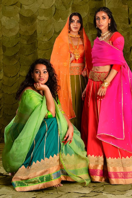 Shop_Latha Puttanna_Blue Karnataka Silk Hand Embroidered Aari Gold Scoop Akka Lehenga Set _Online_at_Aza_Fashions