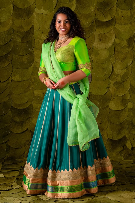 Latha Puttanna_Blue Karnataka Silk Hand Embroidered Aari Gold Scoop Akka Lehenga Set _at_Aza_Fashions