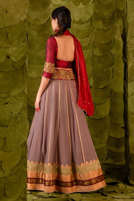Shop_Latha Puttanna_Grey Karnataka Silk Hand Embroidered Aari Gold Scoop Akka Lehenga Set _at_Aza_Fashions