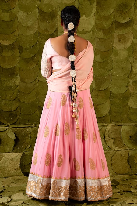 Shop_Latha Puttanna_Pink Karnataka Silk Embroidered Beads Scoop Vorgithi Paisley Lehenga Set _at_Aza_Fashions
