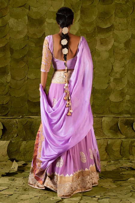 Shop_Latha Puttanna_Purple Karnataka Silk Embroidered Beads Scoop Vorgithi Lehenga Set _at_Aza_Fashions