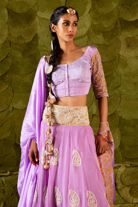 Latha Puttanna_Purple Karnataka Silk Embroidered Beads Scoop Vorgithi Lehenga Set _Online_at_Aza_Fashions