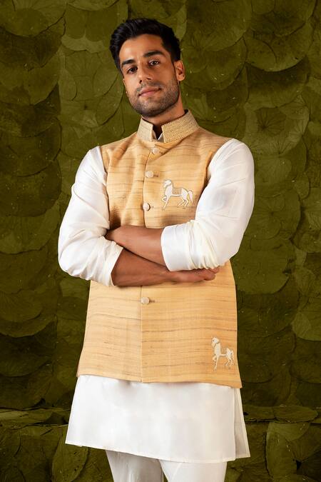 Latha Puttanna Beige Tussar Embroidery Horse Bundi Online at Aza Fashions Latha Puttanna_Beige Tussar Embroidery Horse Bundi _Online_at_Aza_Fashions