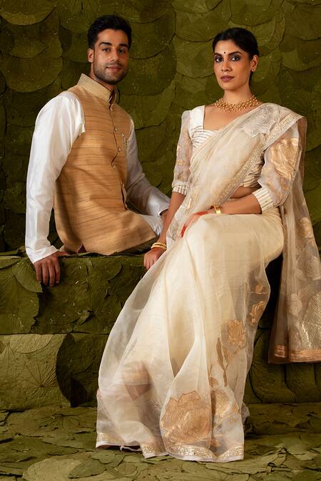 Shop Latha Puttanna Beige Tussar Embroidery Horse Bundi Online at Aza Fashions Shop_Latha Puttanna_Beige Tussar Embroidery Horse Bundi _Online_at_Aza_Fashions