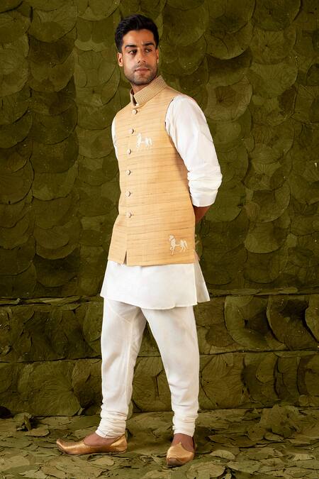 Latha Puttanna Beige Tussar Embroidery Horse Bundi at Aza Fashions Latha Puttanna_Beige Tussar Embroidery Horse Bundi _at_Aza_Fashions