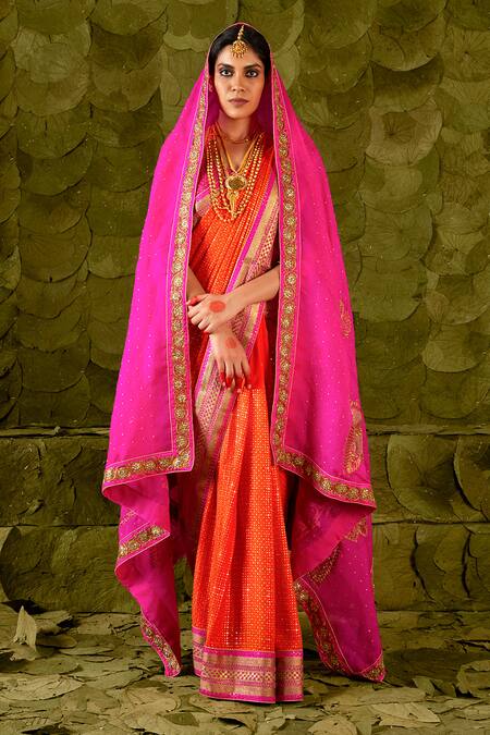 Latha Puttanna_Orange Organza, Georgette Mirrors, Hennu Hand Embroidered Saree With Blouse_Online_at_Aza_Fashions