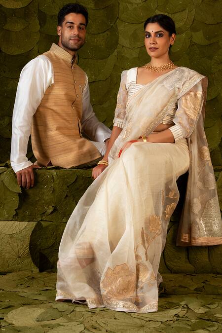 Latha Puttanna Cream Silk, Organza Sequins, Applique Square Sose Embroidered Saree With Blouse Online at Aza Fashions Latha Puttanna_Cream Silk, Organza Sequins, Applique Square Sose Embroidered Saree With Blouse_Online_at_Aza_Fashions