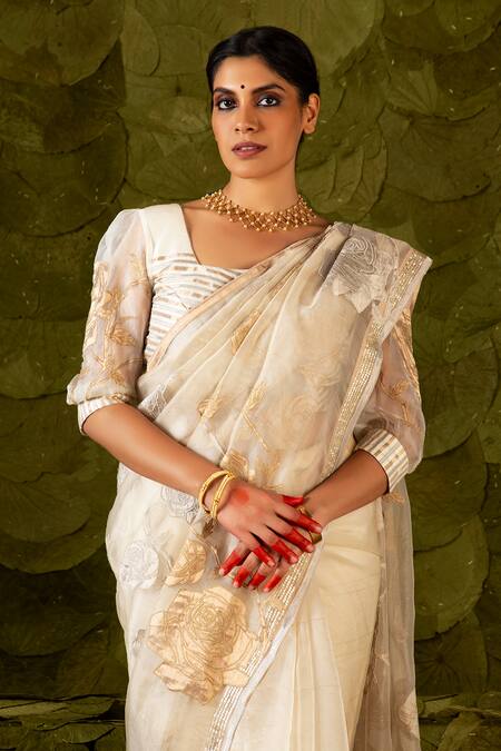 Shop Latha Puttanna Cream Silk, Organza Sequins, Applique Square Sose Embroidered Saree With Blouse Online at Aza Fashions Shop_Latha Puttanna_Cream Silk, Organza Sequins, Applique Square Sose Embroidered Saree With Blouse_Online_at_Aza_Fashions
