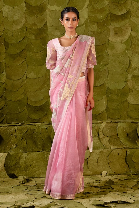 Latha Puttanna Pink Checks Organza Embroidered Silk Tape Square Sose Floral Saree With Blouse 