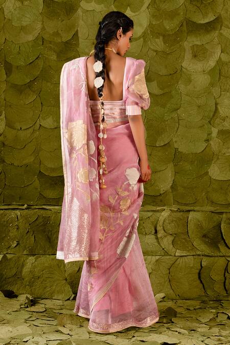Shop Latha Puttanna Pink Embroidery, Sequins, Applique Square Neck Sose Floral Saree With Blouse at Aza Fashions Shop_Latha Puttanna_Pink Embroidery, Sequins, Applique Square Neck Sose Floral Saree With Blouse_at_Aza_Fashions