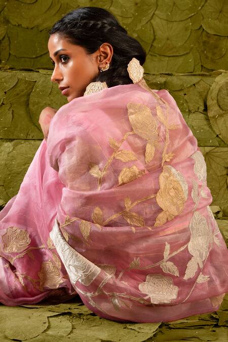 Latha Puttanna Pink Embroidery, Sequins, Applique Square Neck Sose Floral Saree With Blouse Online at Aza Fashions Latha Puttanna_Pink Embroidery, Sequins, Applique Square Neck Sose Floral Saree With Blouse_Online_at_Aza_Fashions