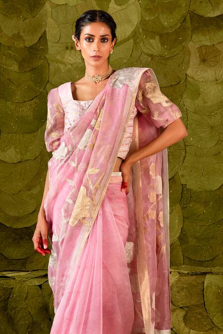 Buy Latha Puttanna Pink Embroidery, Sequins, Applique Square Neck Sose Floral Saree With Blouse Online at Aza Fashions Buy_Latha Puttanna_Pink Embroidery, Sequins, Applique Square Neck Sose Floral Saree With Blouse_Online_at_Aza_Fashions