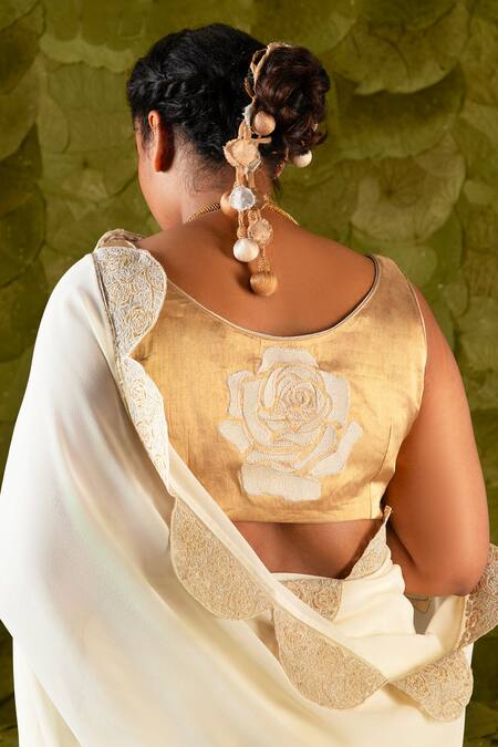 Latha Puttanna_Cream Georgette, Silk, Amma Floral Embroidered Scalloped Saree With Blouse_Online_at_Aza_Fashions