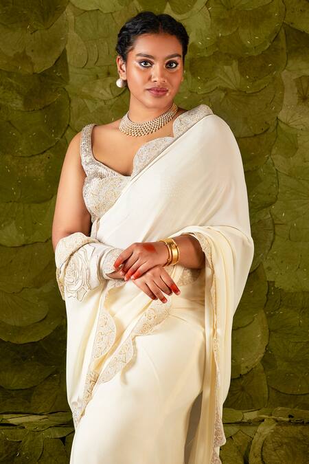 Buy_Latha Puttanna_Cream Georgette, Silk, Amma Floral Embroidered Scalloped Saree With Blouse_Online_at_Aza_Fashions