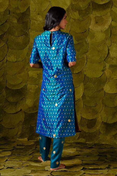 Shop Latha Puttanna Blue Chintamani Silk Hand Embroidered Aari Gold Tangi Kurta And Pant Set at Aza Fashions Shop_Latha Puttanna_Blue Chintamani Silk Hand Embroidered Aari Gold Tangi Kurta And Pant Set_at_Aza_Fashions