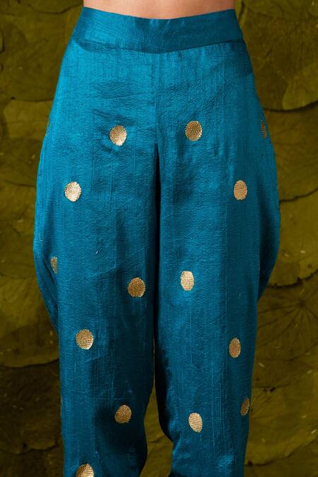 Latha Puttanna Blue Chintamani Silk Hand Embroidered Aari Gold Tangi Kurta And Pant Set Online at Aza Fashions Latha Puttanna_Blue Chintamani Silk Hand Embroidered Aari Gold Tangi Kurta And Pant Set_Online_at_Aza_Fashions