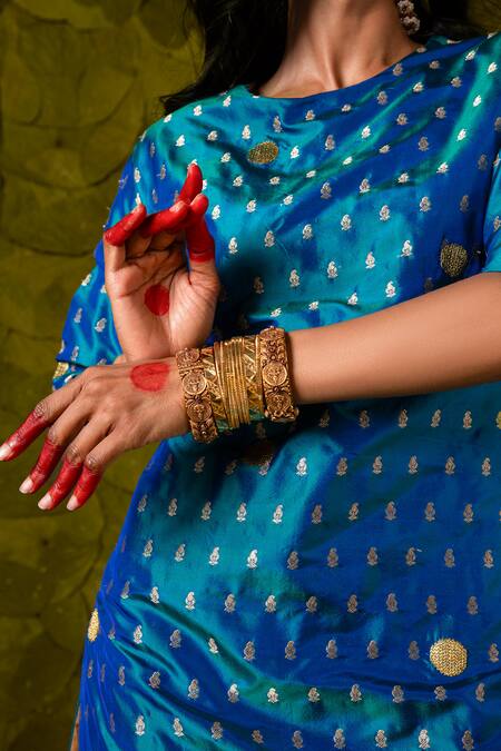 Buy Latha Puttanna Blue Chintamani Silk Hand Embroidered Aari Gold Tangi Kurta And Pant Set Online at Aza Fashions Buy_Latha Puttanna_Blue Chintamani Silk Hand Embroidered Aari Gold Tangi Kurta And Pant Set_Online_at_Aza_Fashions