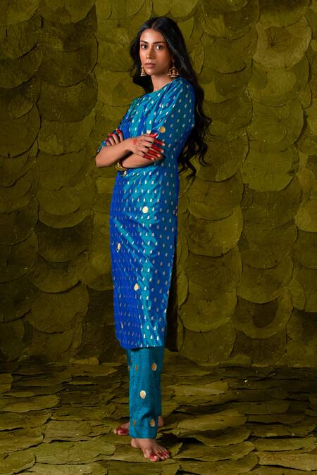 Shop Latha Puttanna Blue Chintamani Silk Hand Embroidered Aari Gold Tangi Kurta And Pant Set Online at Aza Fashions Shop_Latha Puttanna_Blue Chintamani Silk Hand Embroidered Aari Gold Tangi Kurta And Pant Set_Online_at_Aza_Fashions