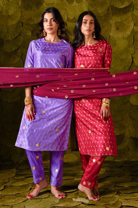 Buy_Latha Puttanna_Purple Chintamani Silk Hand Embroidered Aari Tangi Straight Kurta And Pant Set_Online_at_Aza_Fashions