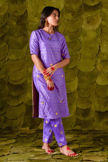 Latha Puttanna_Purple Chintamani Silk Hand Embroidered Aari Tangi Straight Kurta And Pant Set_at_Aza_Fashions