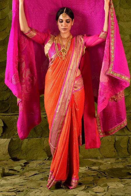 Shop_Latha Puttanna_Pink Organza Embroidered Aari Hennu And Work Dupatta  _Online_at_Aza_Fashions