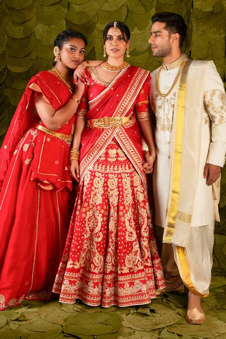Latha Puttanna_Red Brocade, Silk, Kota Doria Embroidery, Hennu Embellished Bridal Lehenga Set _Online_at_Aza_Fashions