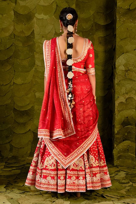 Shop_Latha Puttanna_Red Brocade, Silk, Kota Doria Embroidery, Hennu Embellished Bridal Lehenga Set _at_Aza_Fashions