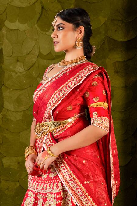 Buy_Latha Puttanna_Red Brocade, Silk, Kota Doria Embroidery, Hennu Embellished Bridal Lehenga Set _Online_at_Aza_Fashions