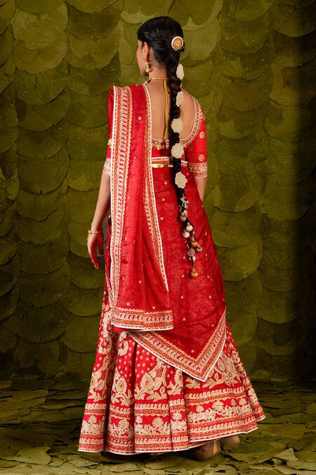 Shop_Latha Puttanna_Red Brocade, Silk, Kota Doria Embroidery, Hennu Embellished Bridal Lehenga Set _Online_at_Aza_Fashions