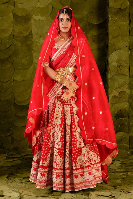 Latha Puttanna_Red Brocade, Silk, Kota Doria Embroidery, Hennu Embellished Bridal Lehenga Set _at_Aza_Fashions