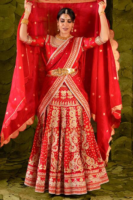 Buy_Latha Puttanna_Red Brocade, Silk, Kota Doria Embroidery, Hennu Embellished Bridal Lehenga Set 